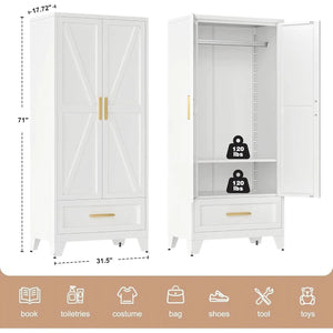 White HomePacific 2-door wardrobe armoire with X-panel doors, hanging rod, shelves, and bottom drawer