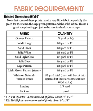 Pumpkin Patchwork Quilted Table Runner Pattern by Block Party Quilt Co; fabric requirements chart with orange, sage, white, and green fabrics