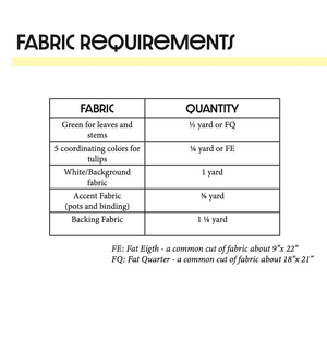 Block Party Quilt Co Tulip Quilted Table Runner Pattern fabric requirements sheet.