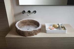 Stone bathroom sink by Villohome; silver travertine rustic round basin above vanity.