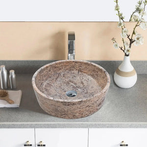 Stone sink Villohome Silver Latte Travertine, round above vanity, polished, 16-inch diameter