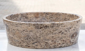Silver Latte travertine stone bathroom sink, polished, above-vanity vessel, 16in diameter x 5in high, Villohome