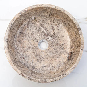 Round Silver Latte travertine bathroom sink, Villohome polished stone vessel for vanity