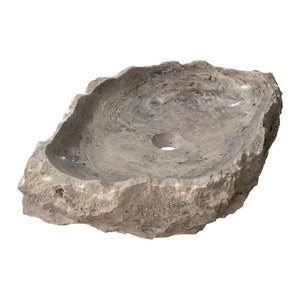 Stone sink by Villohome; silver travertine rustic above-vanity bathroom sink with irregular natural shape.