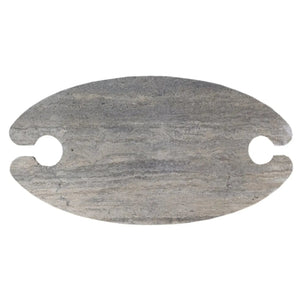 Coffee table in silver travertine vein-cut, curved oval with end cutouts for conic legs