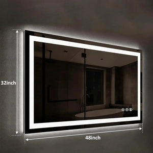 Standard Center Glow LED bathroom mirror, 48x32 inches, black frame with edge-lit lighting.