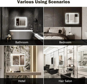 Standard Center Glow LED bathroom mirror by HAUSVITA with illuminated edge, shown in bathroom, bedroom and hotel spaces