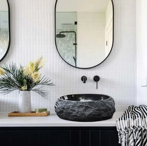 Toros Black Rustic Marble Oval Above-Vanity Bathroom Sink by Villohome on white tiled vanity