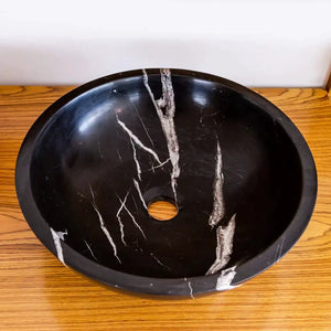 Natural Stone Toros Black marble bathroom vanity sink, round above-counter bowl with white veining, Villohome