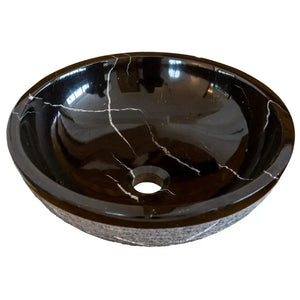 Natural Stone Toros Black Marble bathroom sink, round vessel, 16in diameter x 6in height, black with white veining