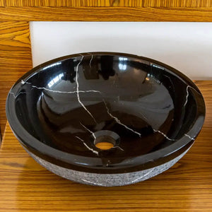 Villohome Toros Black marble bathroom sink, round above-counter vessel with white veining.