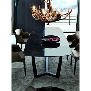 Marble dining table, rectangular with a polished surface and eased edge