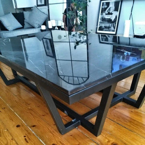 Villohome marble coffee table with rectangular black metal legs