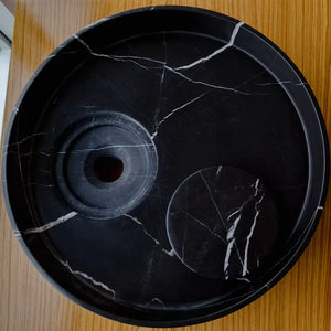 Villohome Toros Black Marble bathroom sink, round natural stone, polished black with white veining, 17.5in diameter