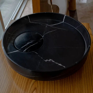 Villohome Toros Black Marble sink, black stone vessel with white veining, polished finish, 17.5in diameter