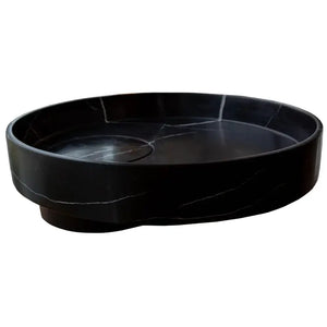 Natural Stone Toros Black Marble stone sink by Villohome, round above-vanity, polished black with white veining.
