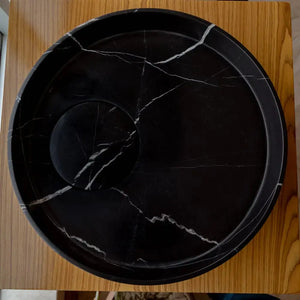 Villohome Toros Black marble bathroom sink, round above-counter design, polished black with white veining