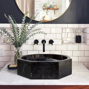 Toros black marble octagonal above-vanity bathroom sink, polished, 16-inch dia × 5-inch high, Villohome