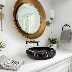 Toros Black Marble bathroom vessel sink, polished black stone, 16 in dia, above vanity