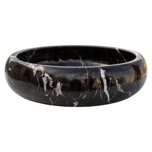 Toros black marble bathroom vessel sink, round polished stone with white veining