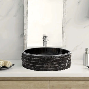 Toros Black Marble Rustic vessel sink by Villohome, round 16-inch diameter, 5-inch height for bathroom vanity.