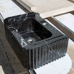 Toros black marble rectangular wall-mount bathroom sink by Villohome, polished with ribbed sides.