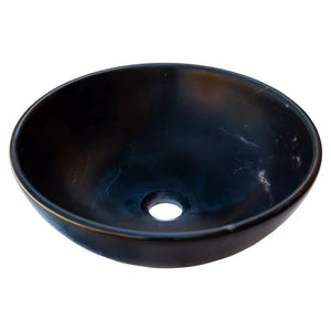 Toros black natural stone marble vanity sink, round vessel, semi-polished, 16in diameter
