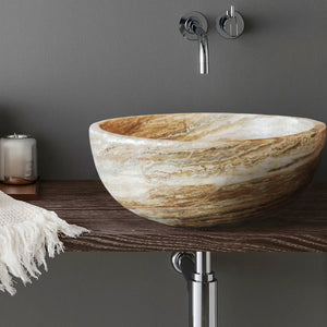 Traonyx natural stone above-vanity bathroom sink; honed travertine-onyx bowl in beige-brown tones with subtle veining.