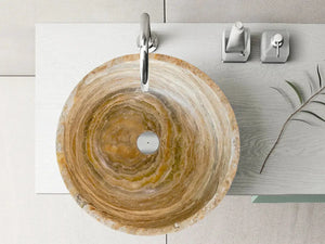 Traonyx natural stone round above-counter vanity sink in travertine-onyx with warm concentric rings