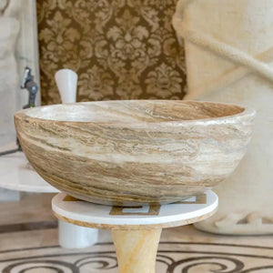 Traonyx natural stone vanity sink bowl, travertine-onyx, honed finish, 16 in dia x 6 in high.