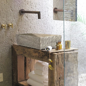 Travertine rectangular bathroom sink, natural stone for above-counter vanity