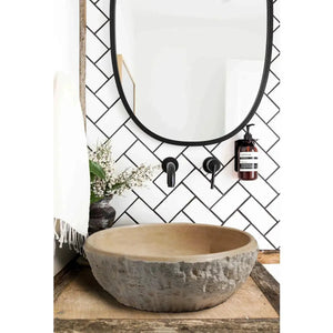 Troia light beige travertine bathroom sink by Villohome, dragon split-face exterior, above vanity