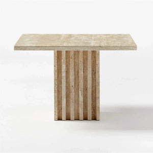 Troia Light Solid Travertine Coffee Table with honed beige top and vertical slat pedestal base.