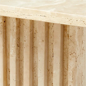 Troia Light Solid Travertine Coffee Table, beige honed travertine with a vertical ribbed base, 21x13x16 in