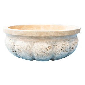 Stone sink Troia Light Travertine pumpkin-shaped above-vanity vessel, beige interior with blue-gray exterior.