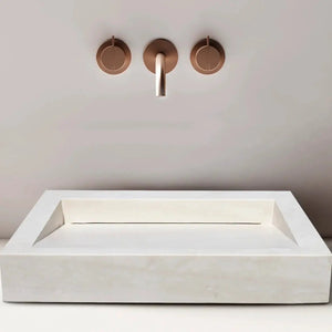 White limestone rectangular bathroom sink by Villohome with hidden drain for above-vanity use