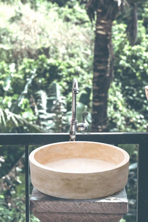 Villohome Troia Light Travertine cylinder above-vanity bathroom sink, honed finish, 16 in diameter x 6 in high