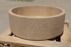 Troia Light Travertine round cylinder bathroom sink by Villohome, honed finish, 16 in diameter