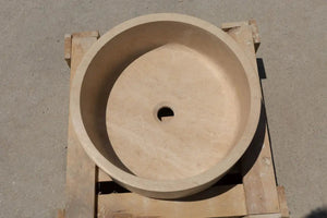 Troia Light travertine round above-counter vanity sink, honed beige stone, 16 in diameter, Villohome.