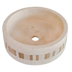 Troia Light travertine cylinder bathroom sink with 2-inch embedded mosaic border by Villohome