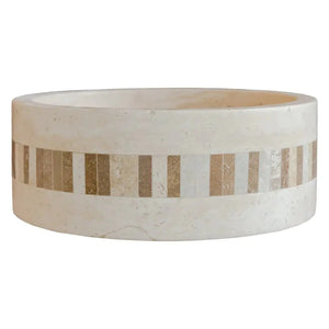 Stone sink Villohome Troia Light travertine cylinder bathroom vanity with 2-inch embedded mosaic border