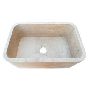 Villohome Troia Light Travertine rectangular farmhouse kitchen sink, honed stone, 18x30x10 in