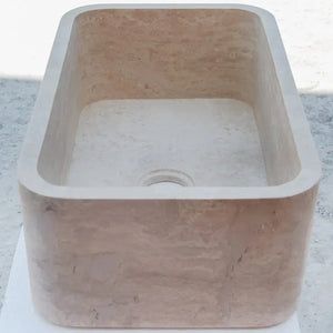 Troia Light Travertine rectangular farmhouse kitchen sink with honed finish in light beige stone