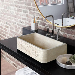 Troia Light Travertine farmhouse apron kitchen sink with hand-carved vine design in beige by Villohome