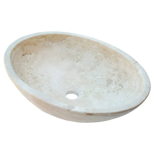 Troia Light Travertine oval vessel sink by Villohome for bathroom