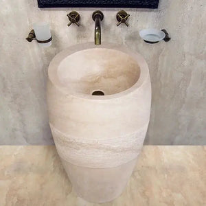 Troia Light travertine pedestal sink, curved honed finish, 16in dia x 33.5in H, stand-alone bathroom sink