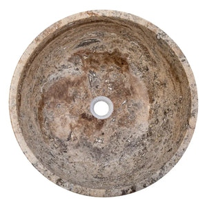 Valencia beige travertine vessel sink, round 16-inch diameter for above-counter bathroom vanity.