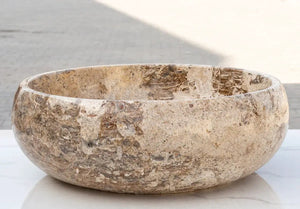 Valencia Travertine natural stone bathroom sink, above-counter, Villohome, polished, 16" diameter