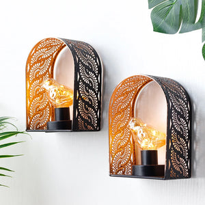 Set of 2 bird-bulb wall sconces with lace-pattern metal cages and warm Edison bulbs