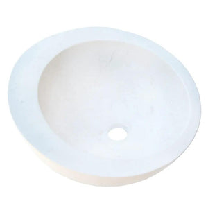 Vanity sink, white limestone circular basin with sloped rim.